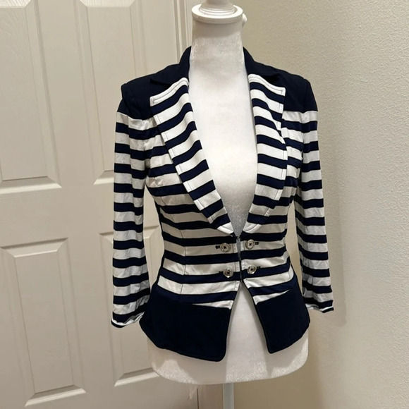 White House Black Market Navy White Stripe Stretch Jacket - Picture 1 of 14